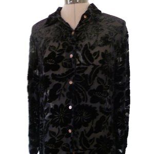 Sheer Black Cut Velvet Burnout Floral Blouse Silk